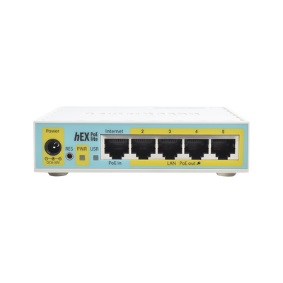 MIKROTIK (hEX PoE LITE) RouterBoard, 5 Puertos Fast Ethernet, 4 con PoE Pasivo, 1 Puerto USB MOD: RB750UPR2