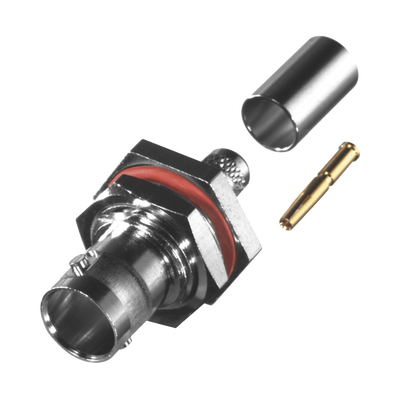 RF INDUSTRIES,LTD Conector BNC Hembra para Chasis en D-Plano con Aro de Goma, Anillo Plegable para RG-59/U, Grupo D, 75 Ohm, Níquel/ Oro/ Delrin MOD: RFB-1717