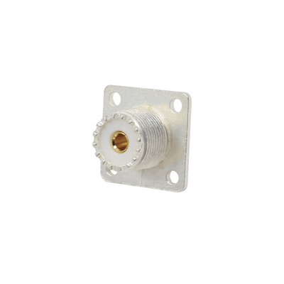 RF INDUSTRIES,LTD Conector UHF Hembra (SO-239) para Montaje de Chasis con 4 Hoyos a 18 mm, Terminal Soldable, Plata/ Oro/ Teflón. MOD: RFU-521-ST