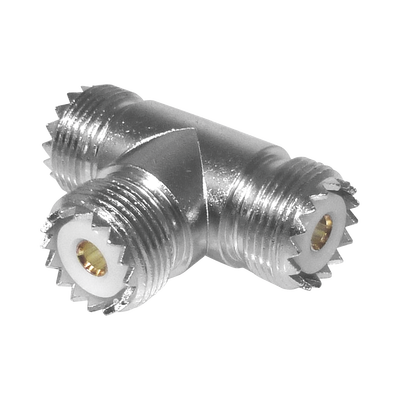 RF INDUSTRIES,LTD Adaptador en forma T, de Conector UHF Hembra (SO-239) a Doble Conector UHF Hembra, Níquel/ Plata/ Delrin. RFU-534