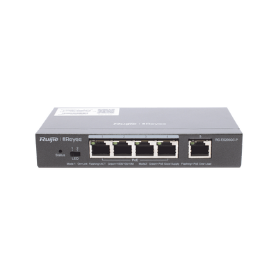 RUIJIE Switch Administrable PoE con 5 puertos Gigabit, 4 PoE 802.3af/at, gestión gratuita desde la nube, 54w MOD: RG-ES205GC-P