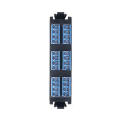 SIEMON Placa acopladora de Fibra Óptica Quick-Pack, Con 6 Conectores LC/UPC con conectores “Shuttered” Quad (24 Fibras), Para Fibra Monomodo, Azul, incluye tapas cubre polvo abatibles integradas por cada conector. MOD: RIC-F-LSU24-01C