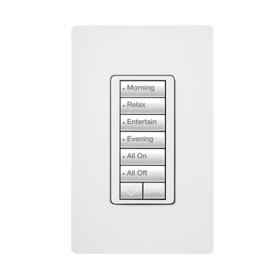 LUTRON ELECTRONICS Teclado seetouch 6 botones, 2 botones subir/bajar, programe escenas diferentes en cada botón. MOD: RRD-W6BRL-WH