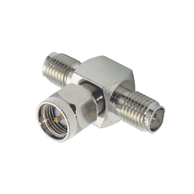 RF INDUSTRIES,LTD Adaptador en T, de Conector SMA Macho a Doble SMA Hembras, Níquel/ Oro/ Teflón. MOD: RSA-3400