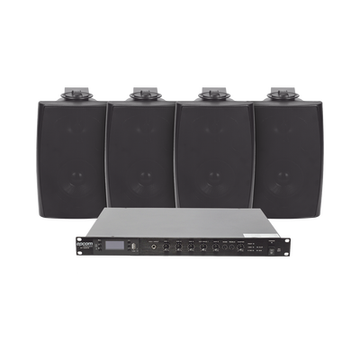 EPCOM PROAUDIO KIT de Amplificador de Audio 120W para Rack | 4 Altavoces de Pared color Negro 2.5W - 20W | Sistema 70/100V MOD: SF120DTB/4WS