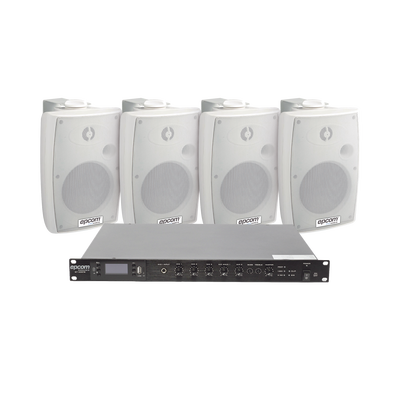 EPCOM PROAUDIO KIT de Amplificador de Audio 120W para Rack | 4 Altavoces de Pared color Blanco 2.5W - 20W | Sistema 70/100V MOD: SF120DTB/4WSW