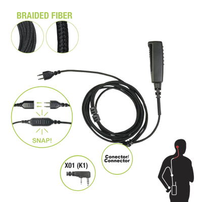 PRYME Cable para Micrófono audífono SNAP intercambiable con conector para Radios Kenwood con conector de 2 pines. MOD: SNP-2W-01-BF