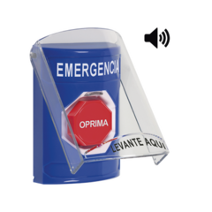 STI Botón de Emergencia con Bocina de Advertencia Integrada, Texto en Español, Tapa Protectora de Policarbonato Súper Resistente, Restablecimiento con Llave MOD: SS2-4A2-EM-ES