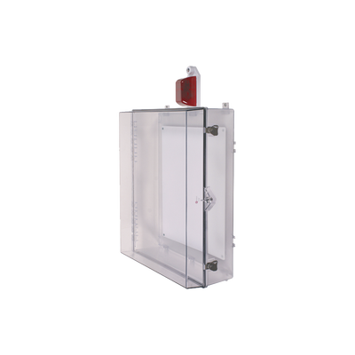 STI Gabinete Grande de Policarbonato Transparente Súper Resistente con Sirena/Estrobo y Cerradura con Llave MOD: STI-7554
