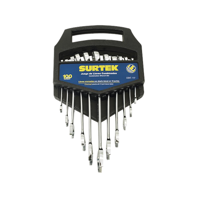 SURTEK Juego de llaves combinadas en rack con 11 piezas metricas, de cromo con acabado satinado. MOD: SYSF06M