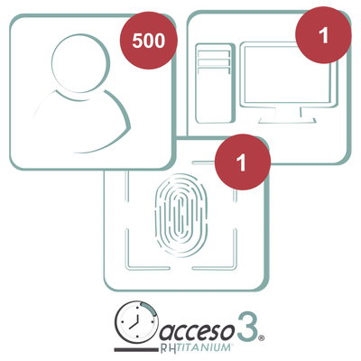 ACCESSPRO [BAJO PEDIDO] Licencia de 3 años para software Acceso3 TITANIUM / 500 Empleados / 1 reloj / 1 PC / Compatible con SISTEMAS DE NOMINA TITANIUMCERO-3A
