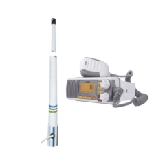 UNIDEN Kit de radio móvil VHF marino modelo UM-385 color blanco y antena marina Shakespeare de fibra de vidrio 5101 MOD: UM385/5101