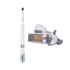 UNIDEN Kit de radio móvil VHF marino modelo UM-385 color blanco y antena marina Shakespeare de fibra de vidrio 5101 MOD: UM385/5101