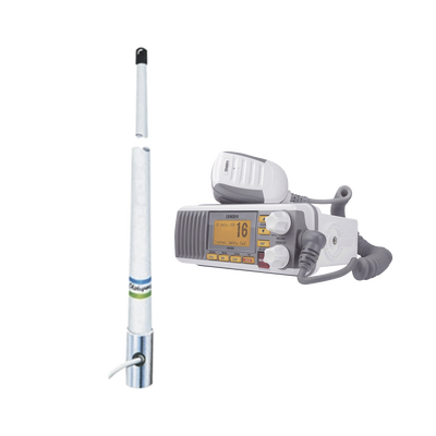 UNIDEN Kit de radio móvil VHF marino modelo UM-385 color blanco y antena marina Shakespeare de fibra de vidrio 5101 MOD: UM385/5101