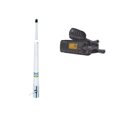 UNIDEN Kit de radio móvil VHF marino modelo UM-385 color negro y antena marina Shakespeare en fibra de vidrio 5101 MOD: UM-385BK/5101