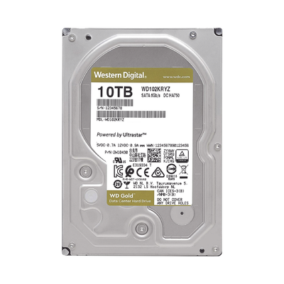 Western Digital (WD) Disco Duro Gold de 10 TB / 7200 RPM / Optimizado para NAS, RAID, Data Center y NVRs de Gran Capacidad / Uso 24-7 / Proteccion Antivibración / 5 Años de Garantia / HelioSeal MOD: WD102KRYZ