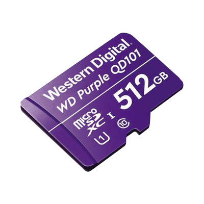 Western Digital (WD) Memoria microSD de 512 GB PURPLE, Especializada Para Videovigilancia, 10 VECES MAYOR DURACIÓN, 3 AÑOS DE GARANTIA MOD: WD512MSD
