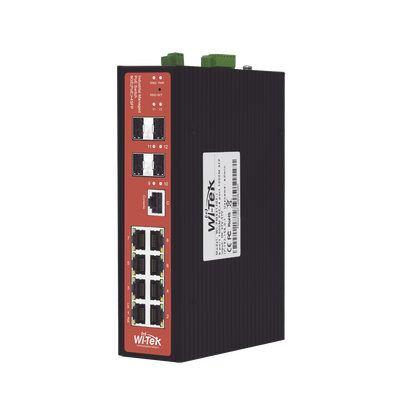 WI-TEK Switch Industrial 8 puertos / Administrable PoE / Puerto 1-2 PoE 24V/48V / Puertos 3-8 puertos 802.3 af/at/bt / Presupuesto máx 240 W MOD: WI-PMS312GF-I