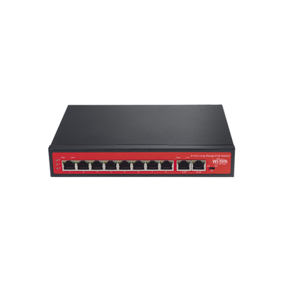 WI-TEK Switch PoE (802.3af/at/bt) / No administrable de largo alcance / Hasta 250m / 8 x 10/100Mbps (PoE) + 2 x Puertos Gigabit Uplink, / Hasta 120 W MOD: WI-PS210G