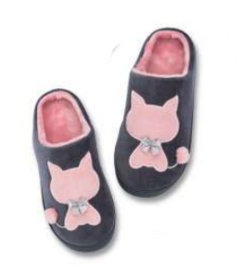 Pantufa Feminina Cinza Gatinho Rosa Via Serra