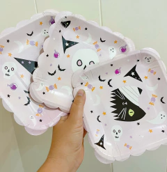 Plato cuadrado Halloween rosa x5