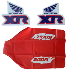 Kit de gráficas y tapizado de asiento para Honda XR600, incluyendo calcos azul y rojo y tapizado naranja.