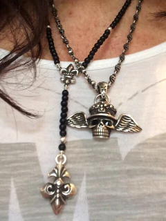 Collar tipo Rosario de Onix & Plata FLOR DE LIS - tienda online