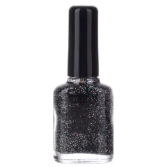 Botella de laca para uñas tradicional Juka expuesta en su clásico contenedor oscuro de acabado mate. Una etiqueta adhesiva redonda en la zona frontal indica el nombre "SOHO NIGHT 85", permitiendo apreciar un elegante color negro de base texturado con fino