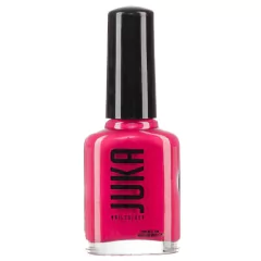 Frasco de vidrio cilíndrico negro mate con la marca Juka impresa en letras blancas minimalistas. Contiene una laca de uñas tradicional en color rosa romántico, suave y sofisticado, con una cobertura cremosa uniforme. Una alternativa de secado rápido al ai