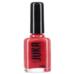 Envase cilíndrico de vidrio negro mate que expone en su frente el logotipo minimalista de Juka en letras blancas. En su interior se presenta un esmalte color rojo tulipán vibrante, clásico y de gran intensidad con acabado cremoso de alta cobertura. Su fór
