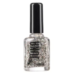 Envase cilíndrico de terminación negra mate que exhibe de frente la marca Juka en tipografía blanca y minimalista. Alberga una laca de uñas tradicional compuesta por una densa base de glitters metalizados y destellos de brillo intenso, ideal para crear te