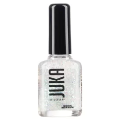 Fotografía descriptiva de un esmalte de uñas convencional Juka con tapa negra y diseño minimalista. Su frente expone un identificador adhesivo circular rotulado "STAR SHOWER 30" que deja ver un deslumbrante acabado repleto de glitters y destellos plateado