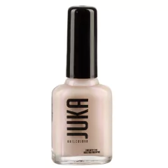 Fotografía de producto de la botella de esmalte de uñas tradicional Juka en frasco negro mate. Un sticker circular en el frente exhibe el tono "UNICORN 96", mostrando un acabado translúcido o blanco opalescente con sutiles destellos e iridiscencias mágica