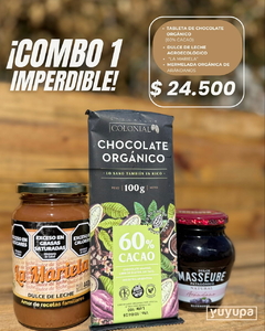 Combo N°1: Tableta de Chocolate Orgánico x 100 Gr. ´´Colonial´´ (Cacao al 60%) + Dulce de Leche Agroecológico x 360 Cc. ´´La Mariela´´ + Mermelada Orgánica de Arándanos x 350 Gr. ´´Masseube´´