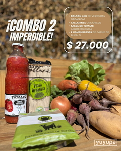 Combo N°2: Bolson de Verduras Agroecológicas x 4 Kg. + Tallarines Orgánicos x 500 Gr. ´´Grun´´ + Salsa de Tomates Agroecológicos x 1 Lt. ´´Tomaco´´ + 2 Unid. Hamburguesas de Carne de Búfalo ´´La Filiberta´´