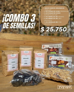 Combo Semillero: 200 Gr. Nueces Orgánicas + 1/2 Kg Pasas de Uvas Orgánicas + 1/4 Kg. Pasas de Higos Agroecológicos + 1/2 Kg. Semillas de Sésamo Orgánico + 1/2 Kg. Semillas de Lino Orgánico + 1/2 Kg. Semillas de Chia Orgánico