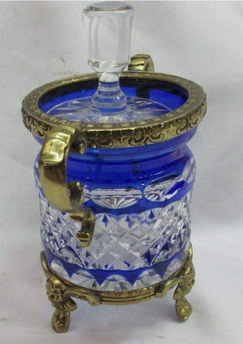 Potich de cristal de roca azul con tapa y ornamentación de bronce en talla checoslovaca - Polo Antiguo - Antigüedades en Argentina