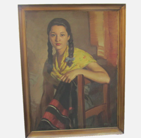 Antigua pintura al óleo de una joven dama con una cara hermosa c. 1930 Master ́Viana