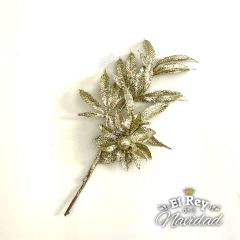 Pick Rama con Flor y Hojas Glitter Gold