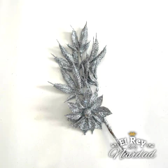 Pick Rama con Flor y Hojas Glitter Plata