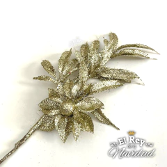 Pick Rama con Flor y Hojas Glitter Gold - comprar online