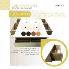 Cama 2 plazas 1.40 x 1.90 / 2.00 con Cajones + Botineros - Colores Maderas Clásicas - comprar online