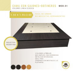 Cama 2 plazas 1.50 x 1.90 / 2.00 con Cajones + Botineros Colores Maderas Clásicas en internet