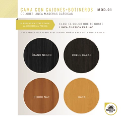 Cama 2 plazas (1.80 x 1.90 / 2.00)  con Cajones +  Botineros - Colores Maderas Clásicas - tienda online