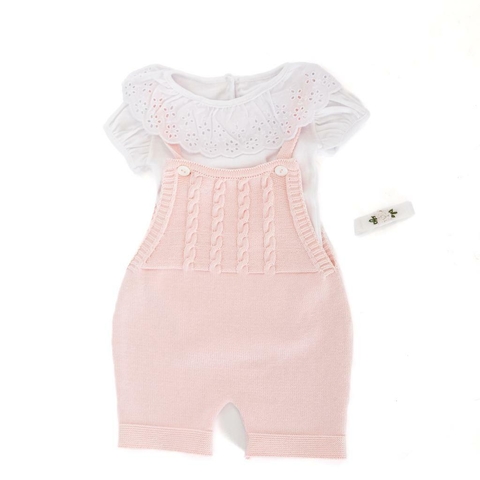 Jardinero tejido en lana rosa pata corta