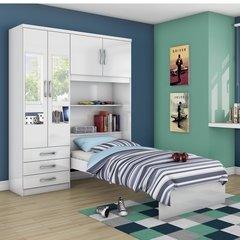 Guarda Roupa Solteiro 4 Portas com Espelho e Cama Baú Siena Happy Móveis Flex Color Branco Rosa