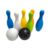 Set de bolos de colores con una bola negra y una blanca, ideal para jugar en casa.