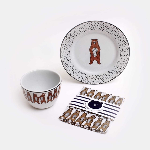KIT FOODIE · CUENCO + PLATO + PAÑUELO OSOS MARRON