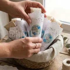 Conitos románticos de papel kraft con blonda para casamiento