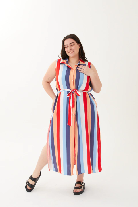 Camisola CATHERINE, Camisola larga rayada con lazo para atar y tajos laterales